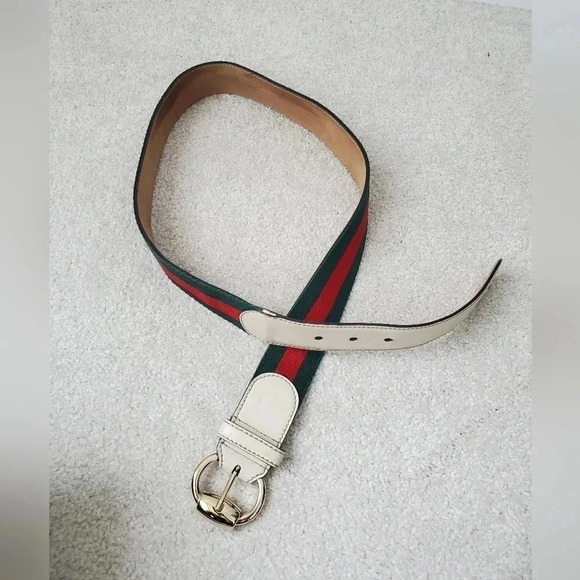 Gucci Green & Red Web Canvas Belt Leather Trim Gold Horsebit Buckle Unisex - Picture 9 of 13